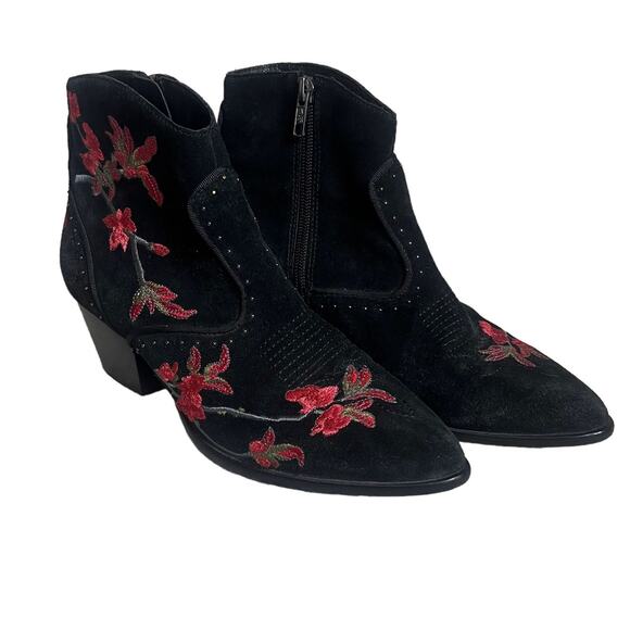 ASH Black Suede Embroidered Ankle Boots Size 37/6.5 Western Floral Zip Booties - Picture 1 of 9
